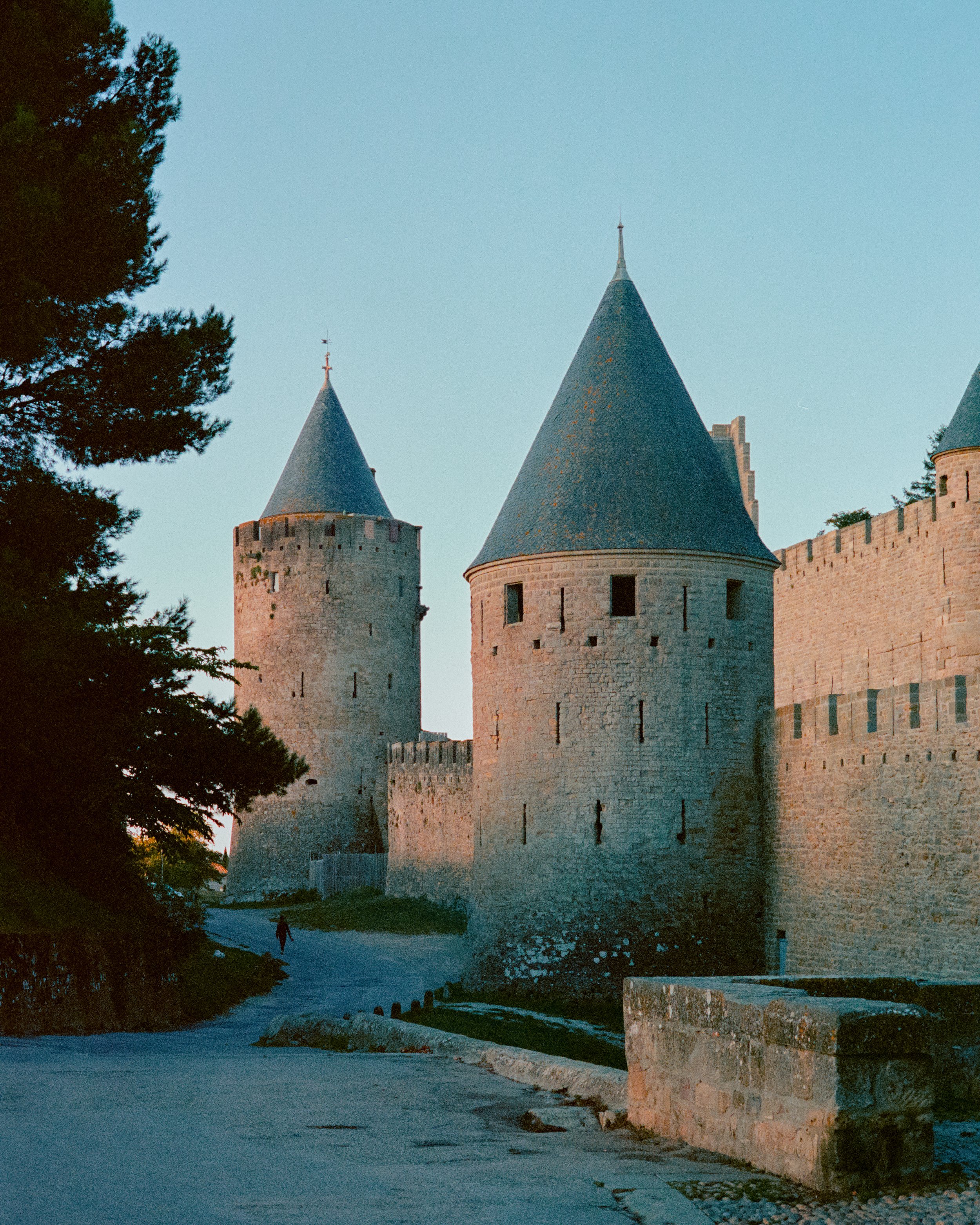 Historic stone castle with round towers and conical roofs, surrounded by a stone wall and trees, under a clear blue sky.