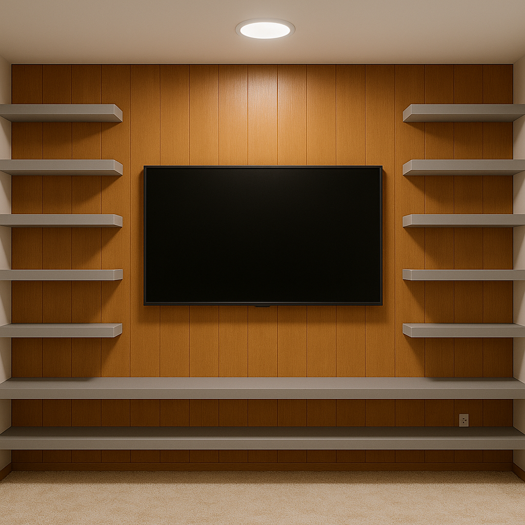 Flat-screen television mounted on a wood-paneled wall with built-in white shelves on either side and a white shelf below, in a room with a beige carpet and ceiling light.