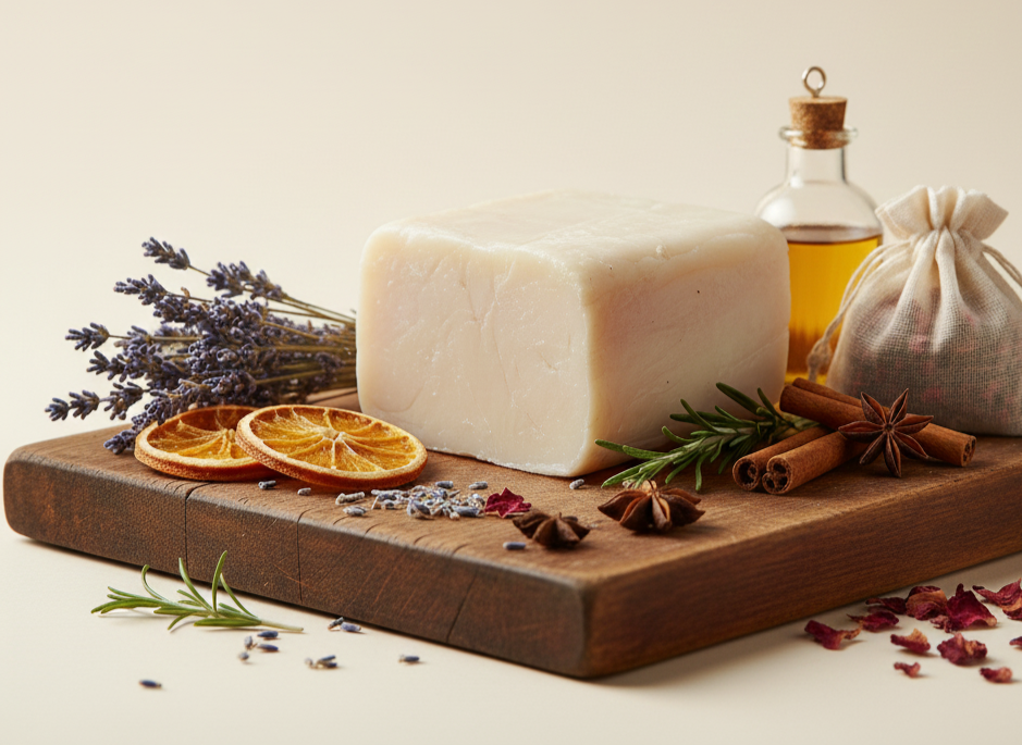 A wooden board with a large block of white tallow , dried orange slices, lavender sprigs, star anise, cinnamon sticks, a small bottle of oil, and a small pouch of herbs, with additional lavender, dried flowers, and herbs scattered around.