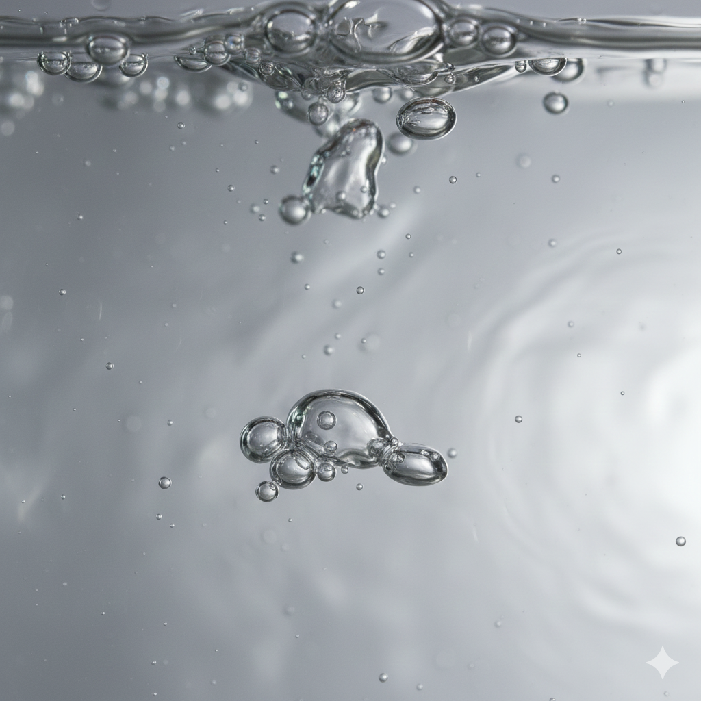 Close-up of bubbles rising in clear water with a metallic background.
