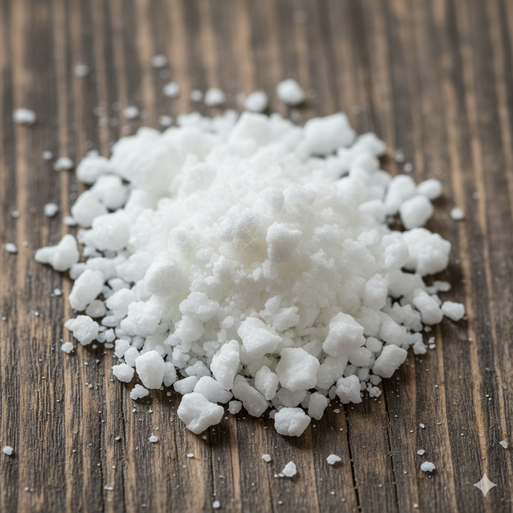 Granulated white powder on wooden table. 