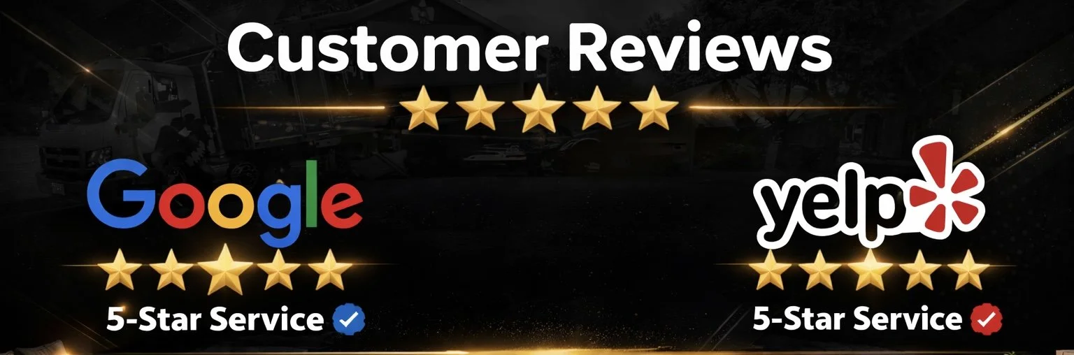 A to Z Hauling Junk Removal  customer reviews with five-star ratings for Google and Yelp, each labeled as 5-star service with verification checkmarks.