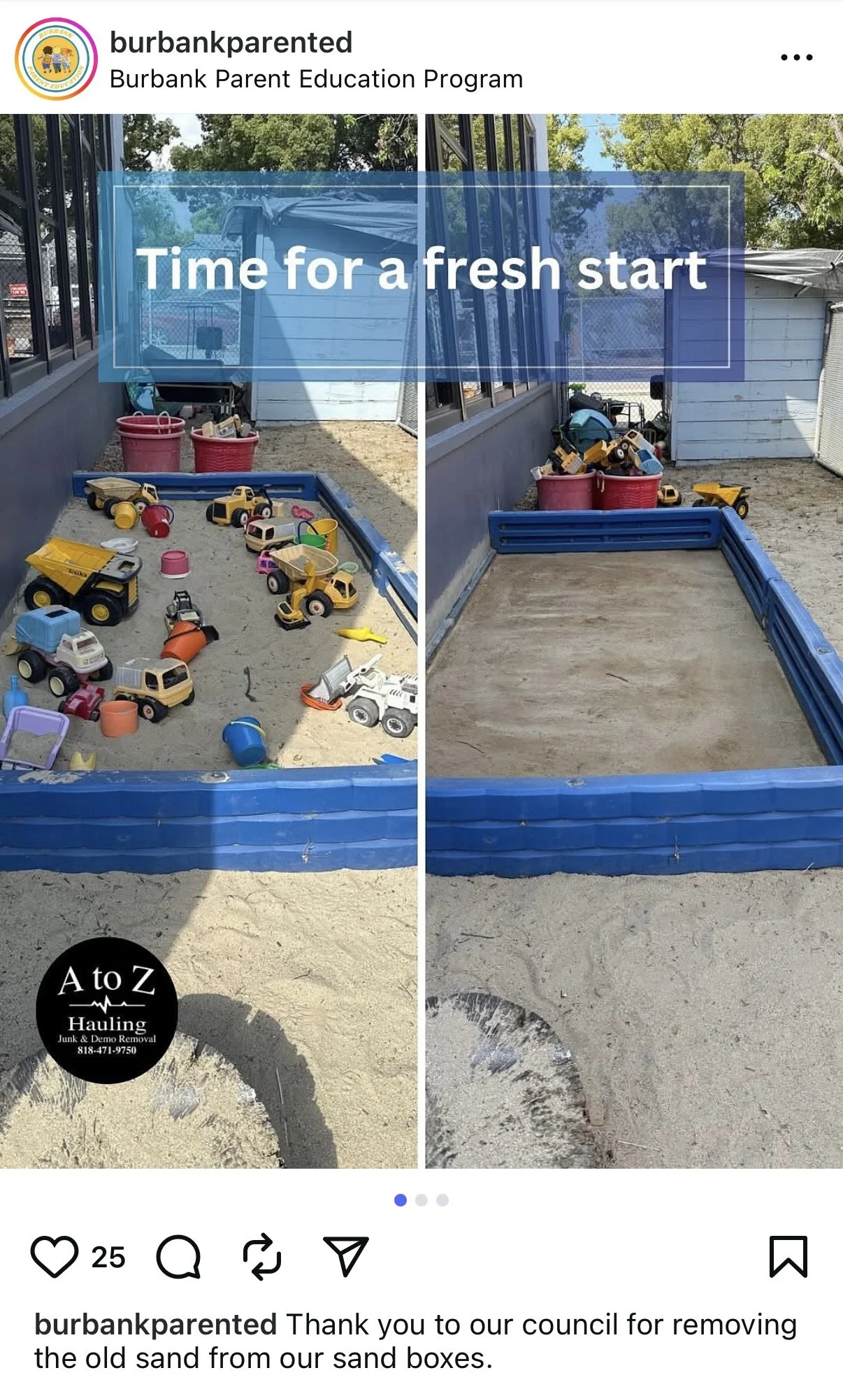 Before and after photo of a sand box cleanout A to Z Hauling Junk Removal did for Burbank Adult School. the photo is screenshot from their instagram
