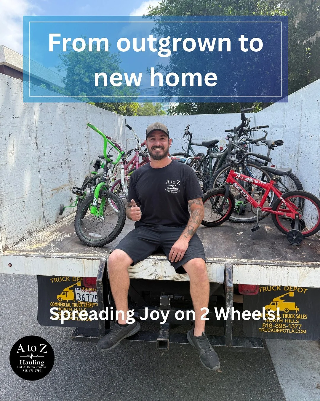 Owner Zach in the back of the truck with lots off bicycles ready to drop off at donation
