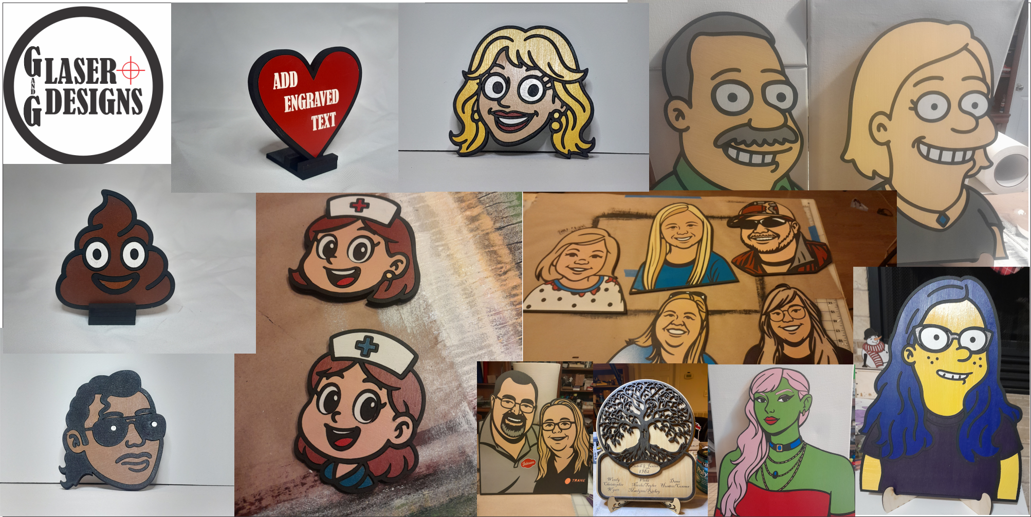 Collage of cartoon-style and engraved wood signs and pins featuring diverse characters and designs, including a woman with glasses and blue hair, a female nurse, a green-skinned woman with pink hair, a couple, and a creature with a poop emoji face. Also includes a company logo 'Laser G and G Designs' and a decorative metal tree plaque.