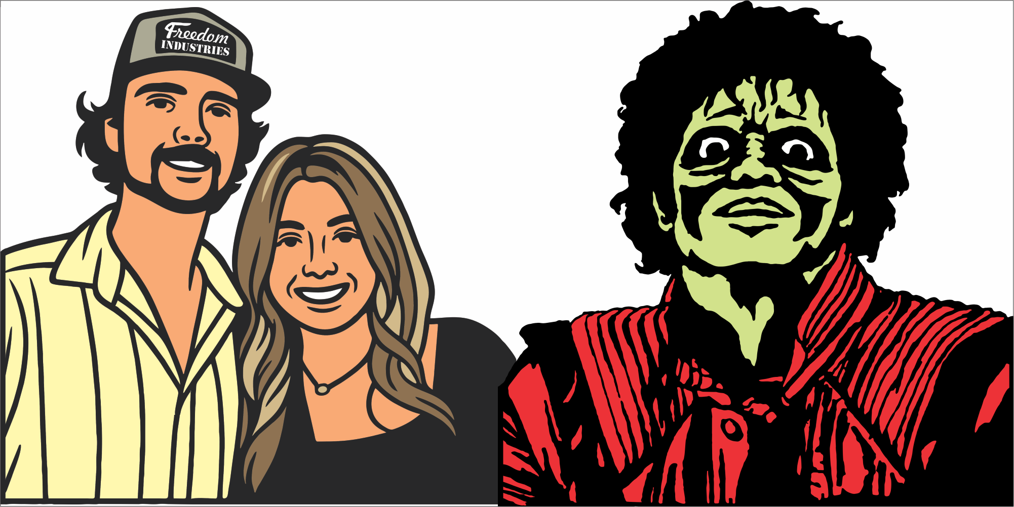 Split illustration featuring a man and woman on the left, both smiling, with the man wearing a cap that reads 'Freedom Industries' and light-colored striped shirt, and the woman with long wavy hair, a black top, and a necklace. On the right, an illustrated person with dark, curly hair, a wide open-mouthed smile, and exaggerated facial features, dressed in a red and black striped outfit with a striped scarf.