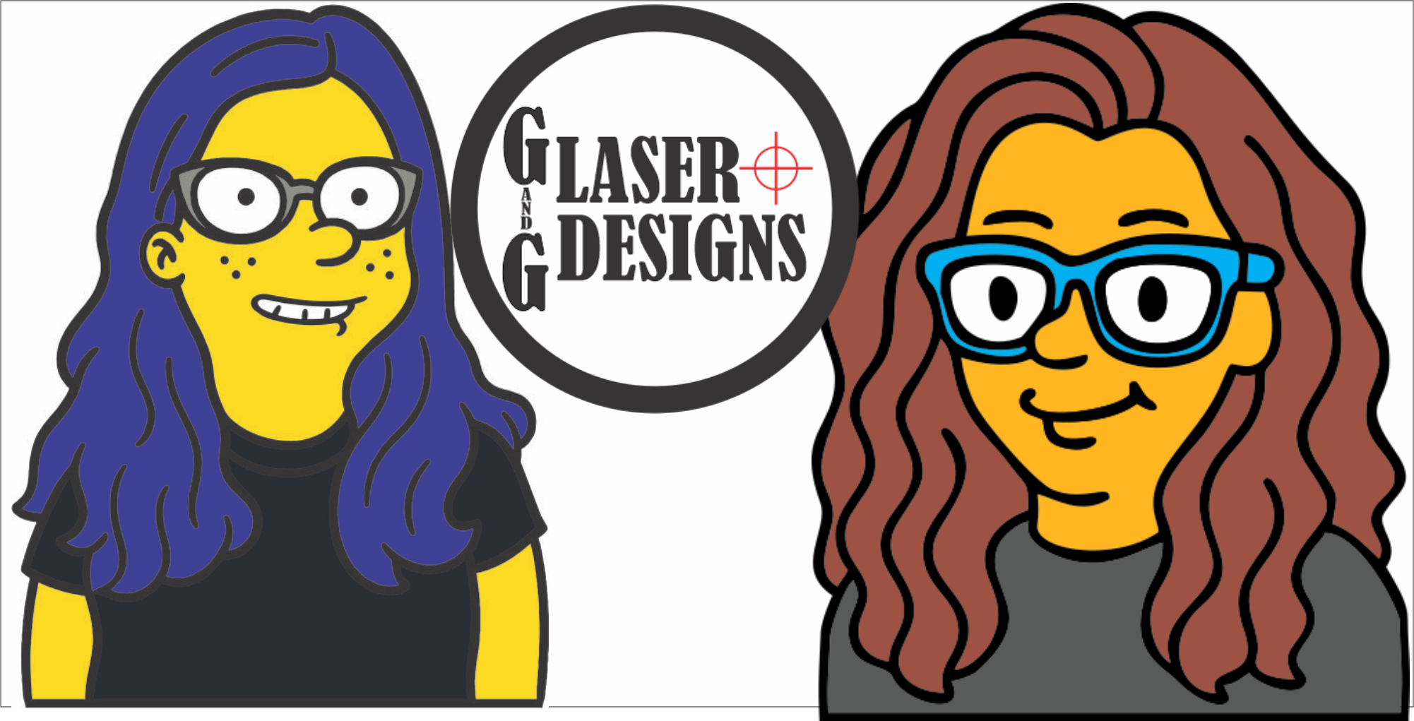 Two cartoon women with yellow skin and long, curly hair wearing glasses, standing beside a circular logo that reads 'G Laser and G Designs' in black text with a red crosshair symbol. The woman on the left has blue hair, black glasses, and a black shirt. The woman on the right has brown hair, blue glasses, and a dark gray shirt.