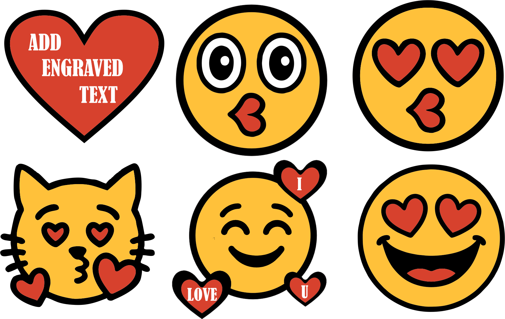 Set of six emoji faces with hearts for eyes, a kissing face, a smiling face with hearts for eyes, a face with a tongue sticking out, a smiling face with hearts around, and a face with closed eyes and a heart-shaped speech bubble saying "I LOVE U". A red heart-shaped sign with white text "ADD ENGRAVED TEXT" in the top left corner.