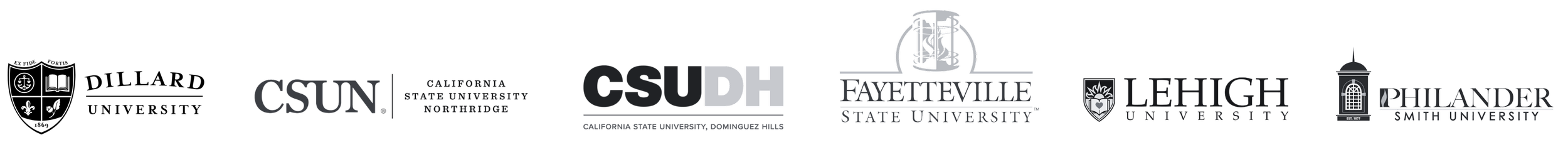 Logos of various universities, including CSU, CSU Northridge, Fayetteville State University, Lehigh University, and Rhuander School of Veterinary Medicine, arranged in a horizontal row.