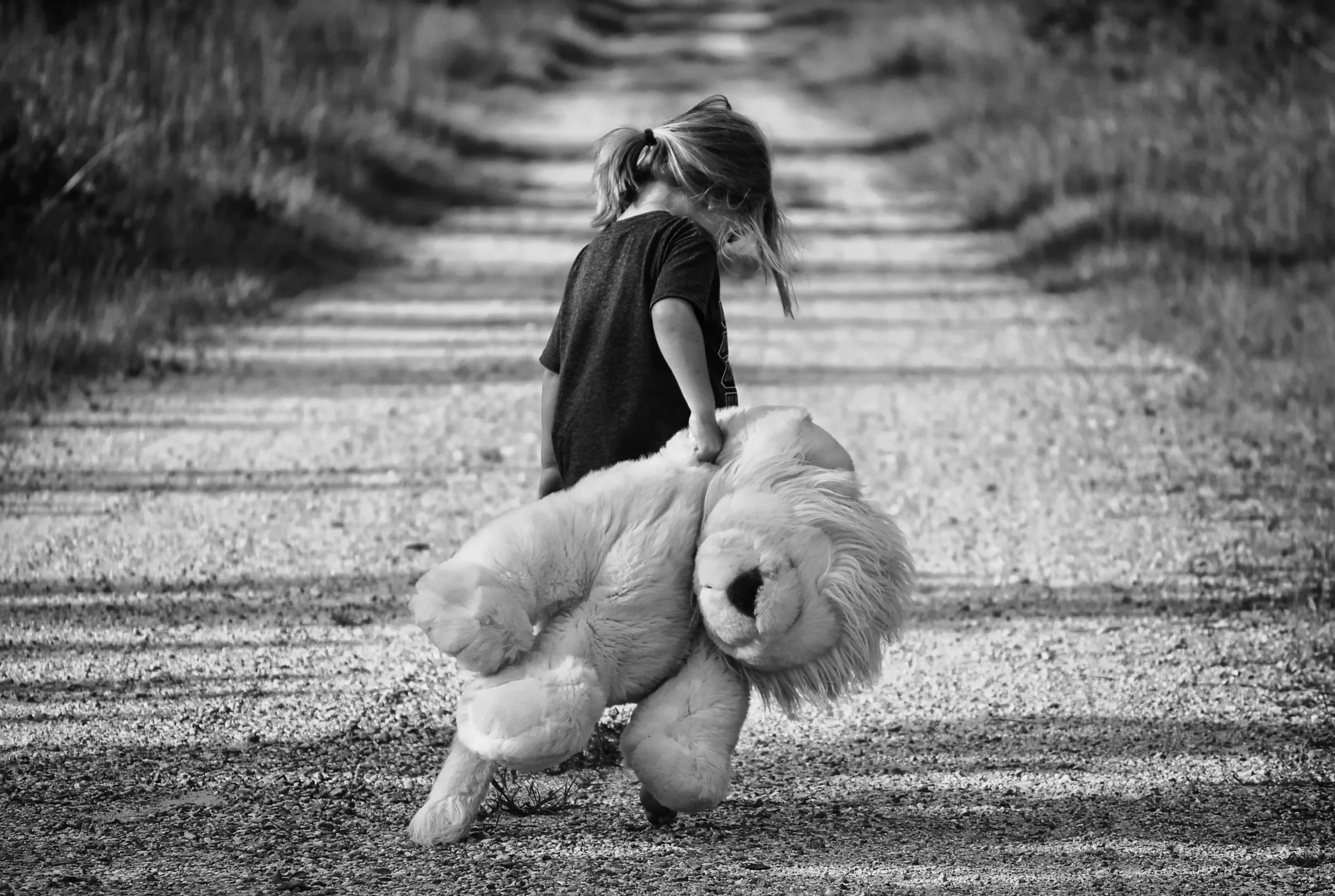 A young girl walking on a dirt path holding a large stuffed dog toy.
