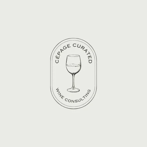 Logo with an outline of a wine glass and the text "Cépage Curated Wine Consulting" around it.