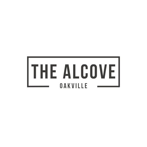 Logo for The Alcove in Oakville with black text inside a rectangle