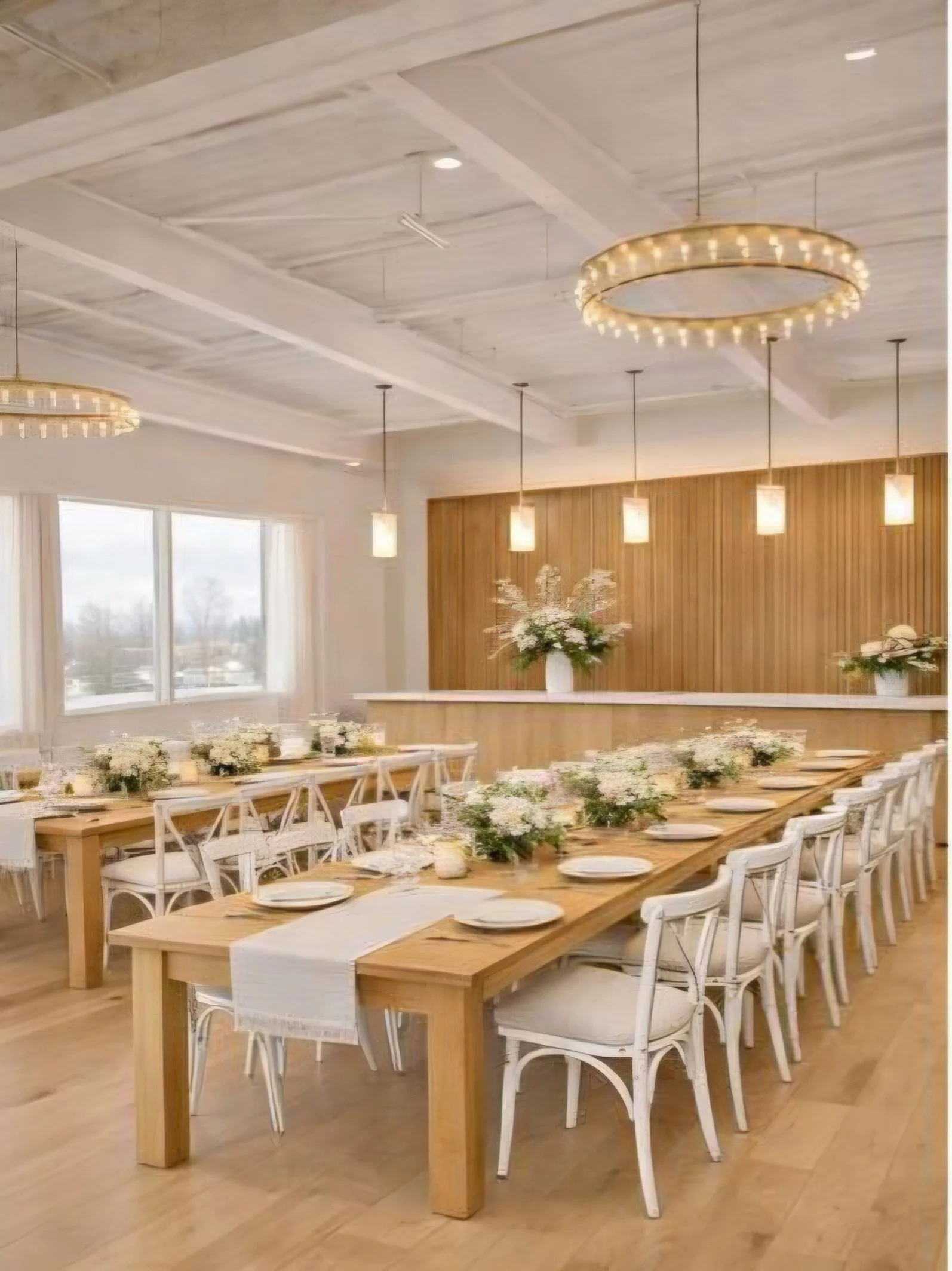 A decorated indoor dining area with a long wooden table set with white plates, napkins, and floral centerpieces. The room features wooden accents, hanging pendant lights, and large windows allowing natural light.