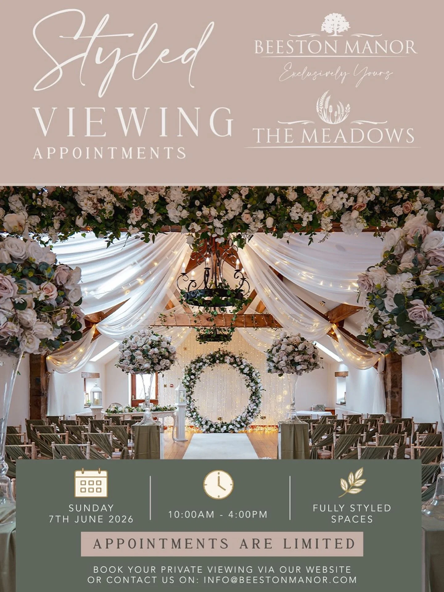 ✨ Styled Viewing Appointments ✨

Come and experience the magic of Beeston Manor &amp; The Meadows, beautifully dressed and styled exactly as it would be for a wedding day 🤍

From stunning ceremony spaces to romantic styling inspiration throughout th