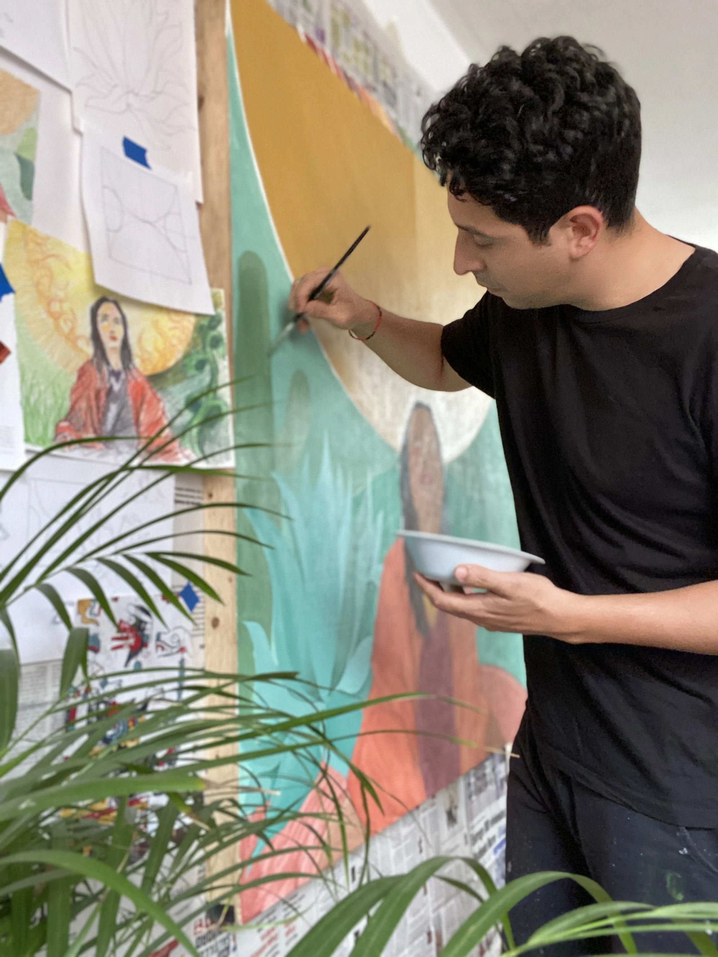 artist and painter fernando javier working on Realized painting at home studio