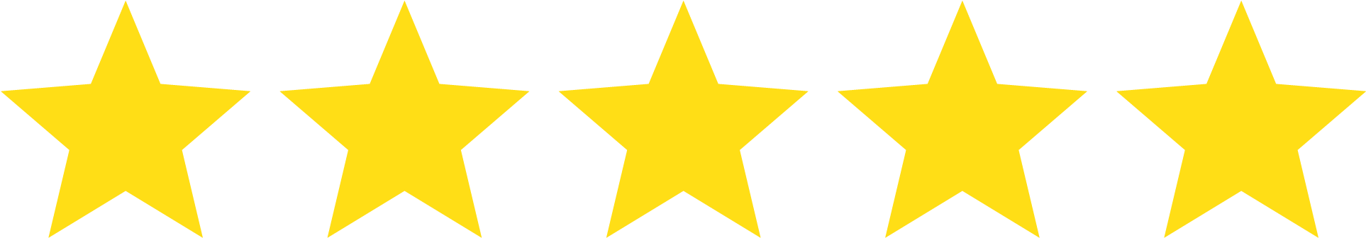 Five yellow stars in a row on a black background, representing a five-star rating.