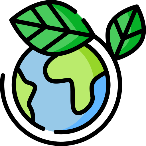 Illustration of the Earth with two green leaves growing from the top, symbolizing environmental sustainability.