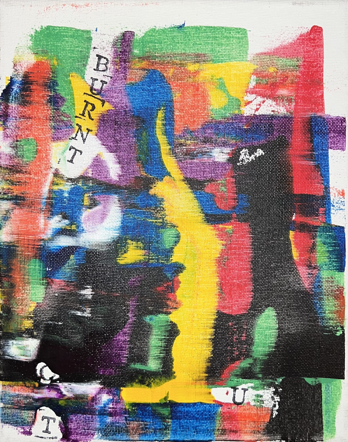 Abstract graffiti art with vibrant colors including green, red, yellow, purple, blue, and black. Contains partially visible words such as "BURNT OUT." Overall, it features layered brushstrokes and textures.