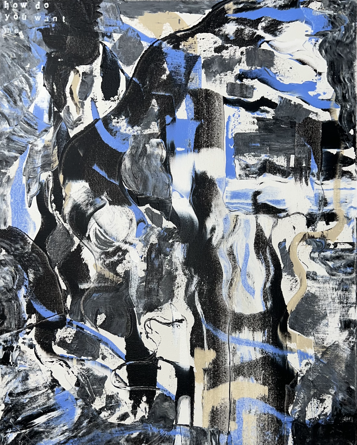 Abstract painting featuring black, white, beige, and blue colors with swirling and layered brushstrokes.