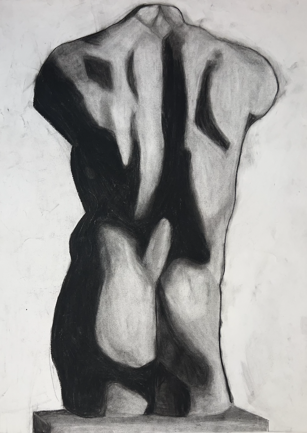 Black and white drawing of a nude figure, standing on a rectangular platform.
