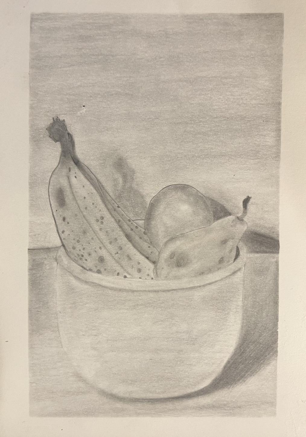 A pencil drawing of a bowl of fruit, including bananas, an apple, and a pear.