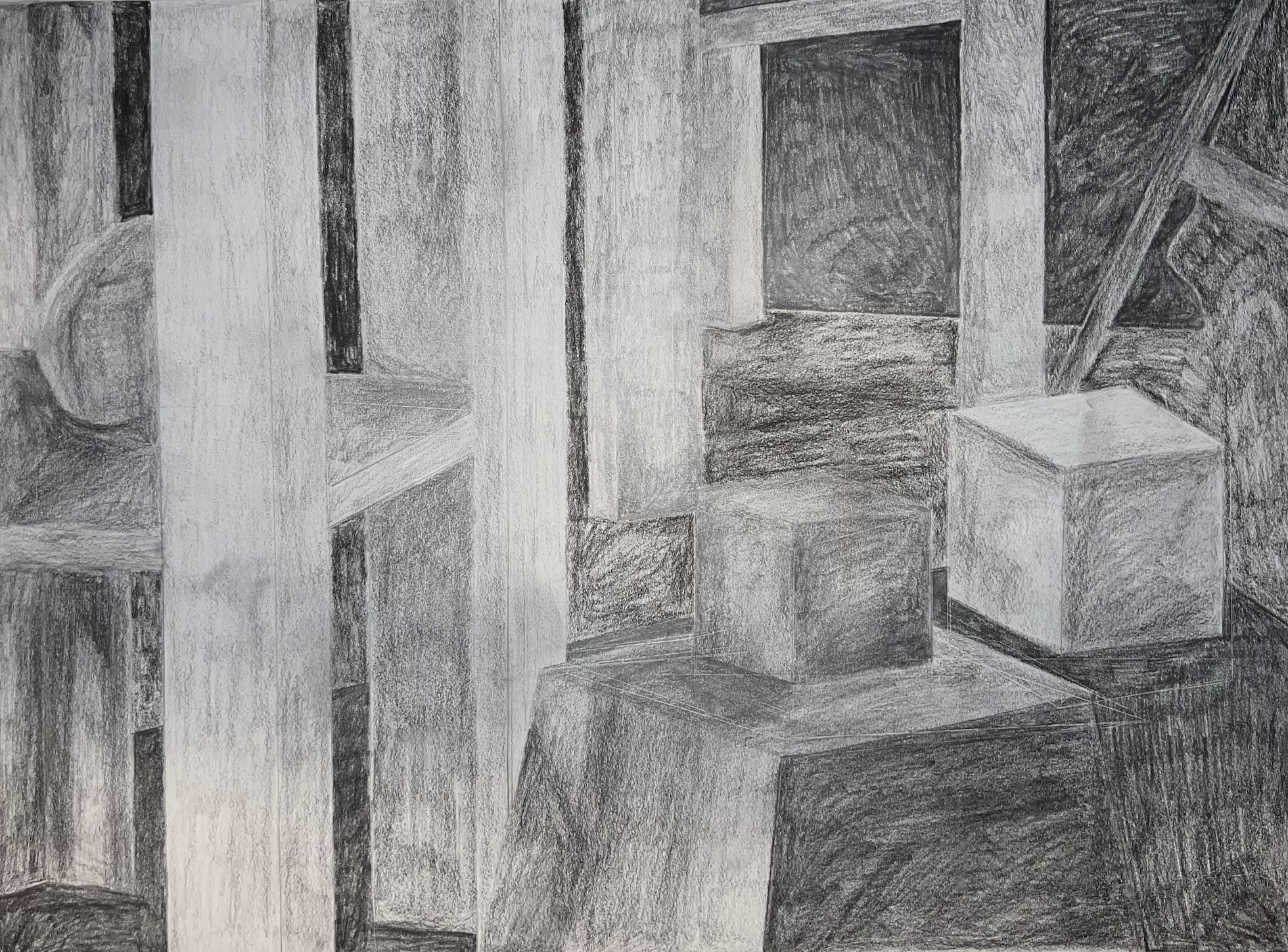 Graphite sketch of abstract geometric shapes including cubes and rectangular prisms in various shading and tones.