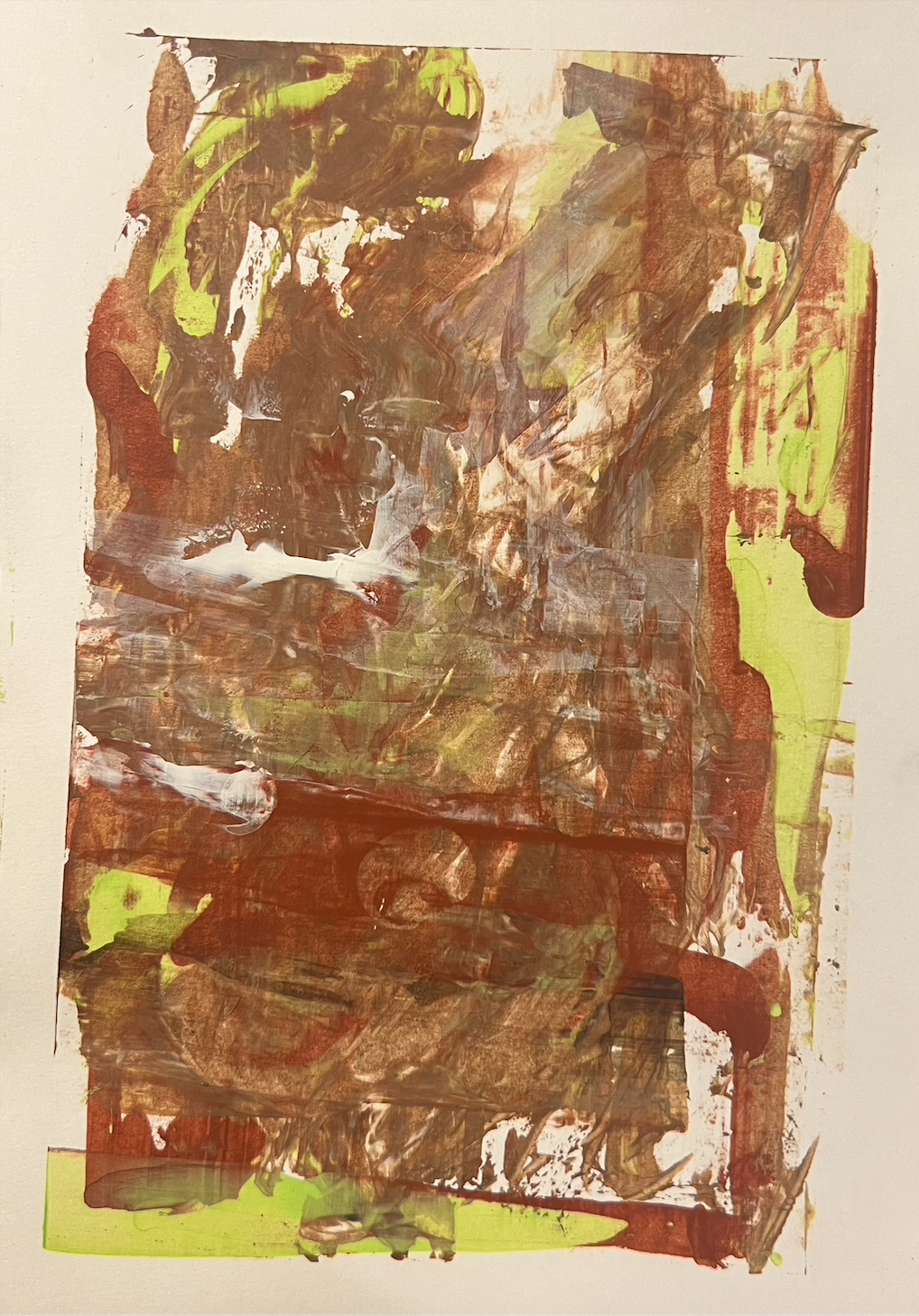 Abstract painting with brushstrokes of brown, green, white, and hints of red on a white background.