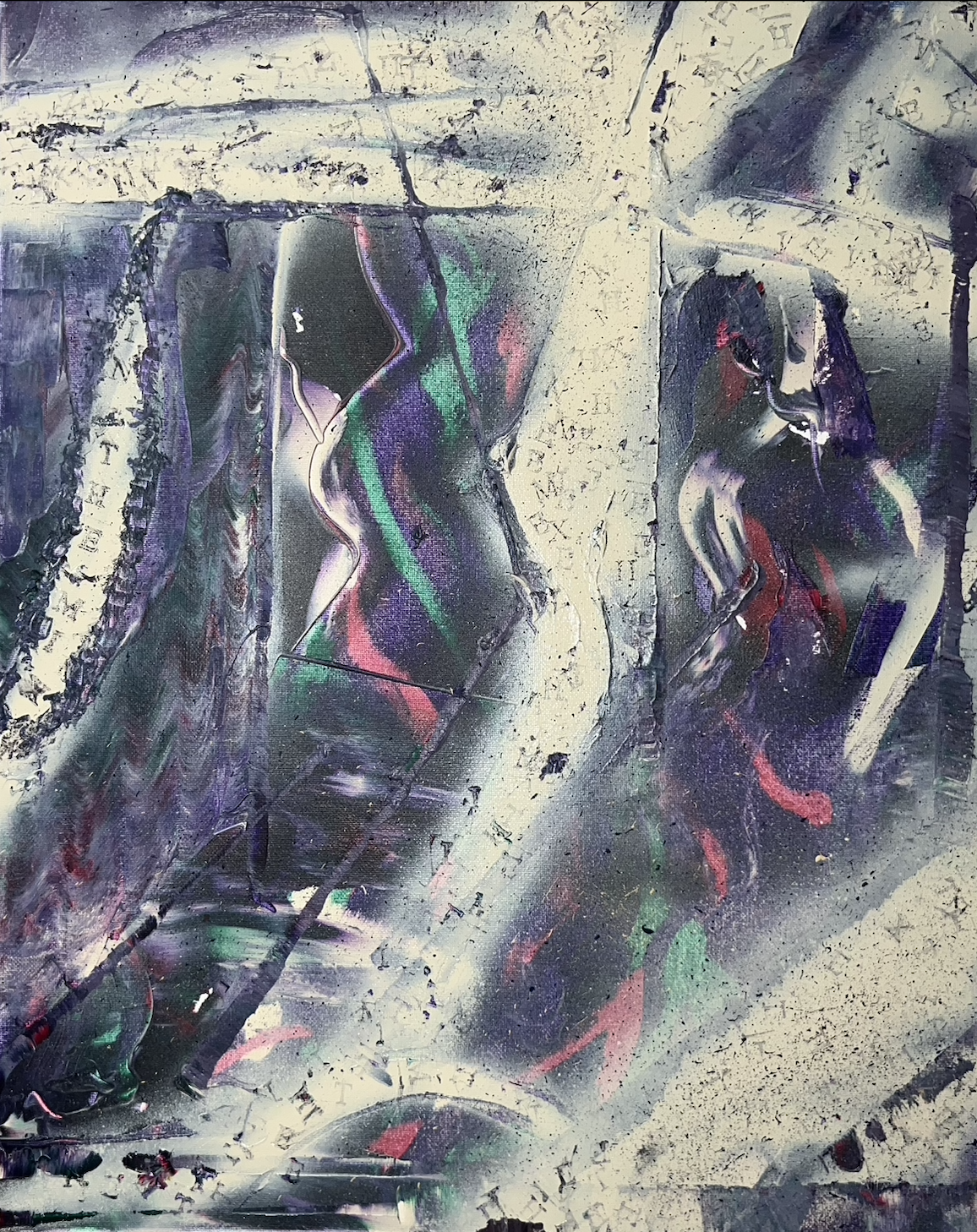 Abstract painting, set against a textured silver and black background with splashes of pink, green, and purple.