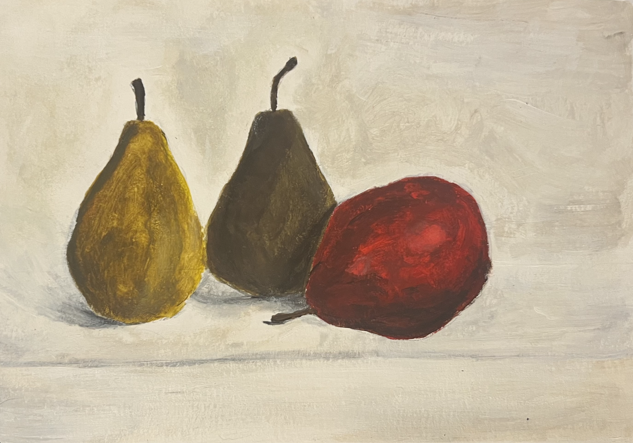 A painting of three pears on a white surface.