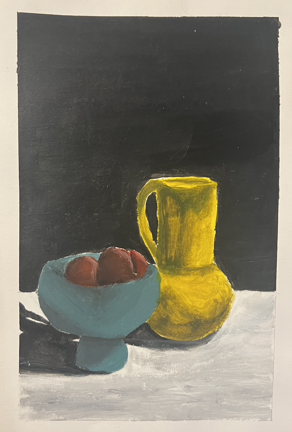 Painting of a yellow pitcher and a bowl of red apples on a table against a black background.