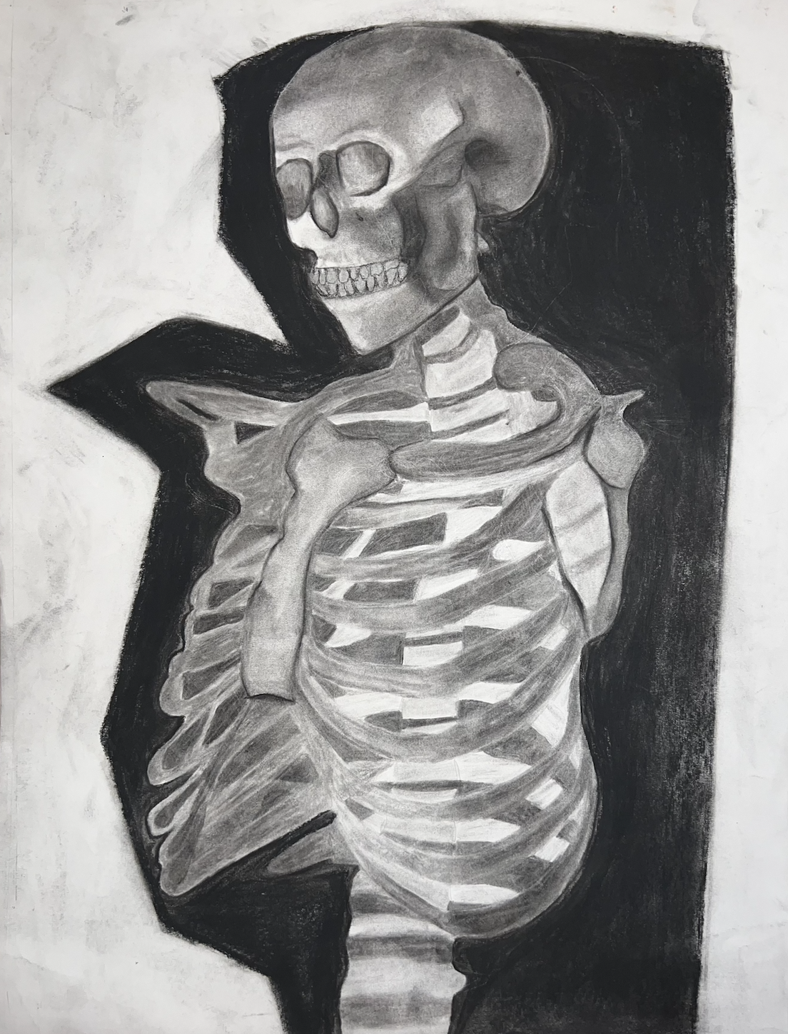 A black-and-white sketch of a human skeleton, with detailed depiction of the skull, ribs, and arm, against a dark background.