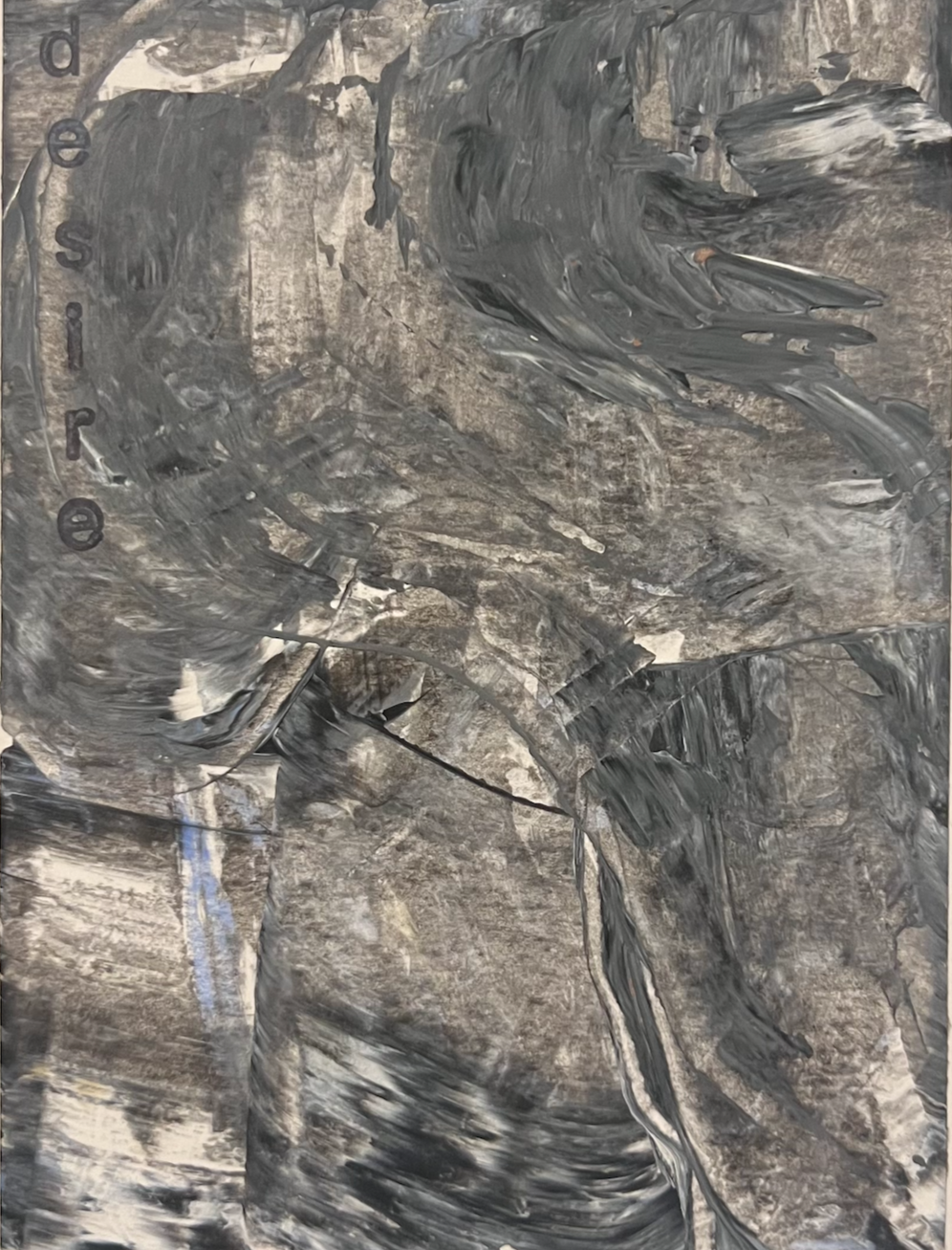 Abstract painting with swirling gray, black, and white brushstrokes, and the word 'desire' visible on the left side.