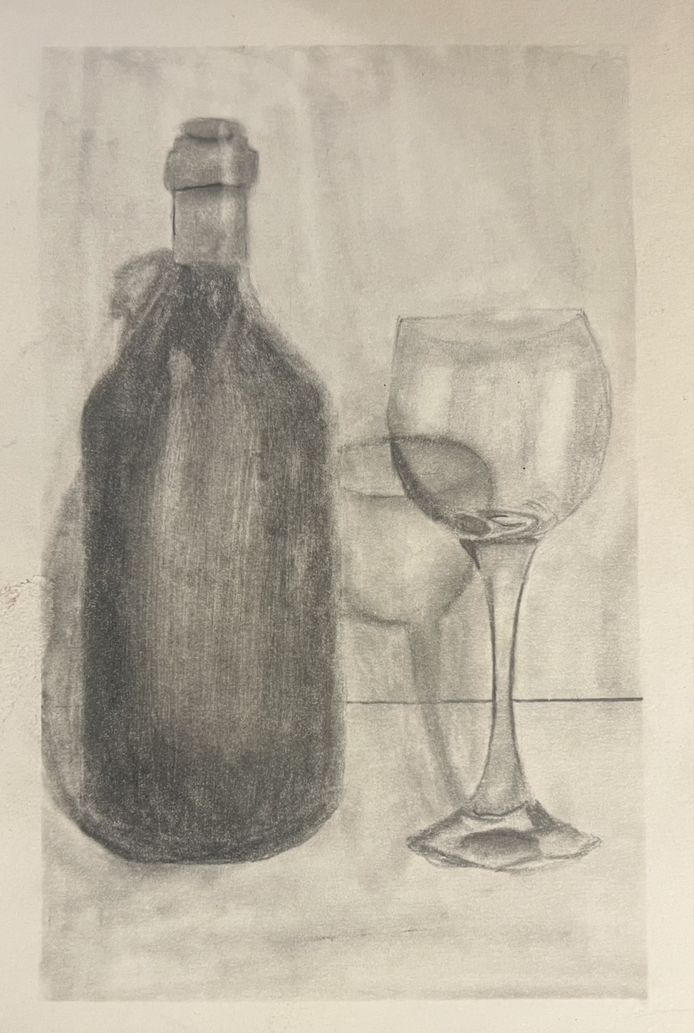 Pencil sketch of a wine bottle and one wine glass on a table.
