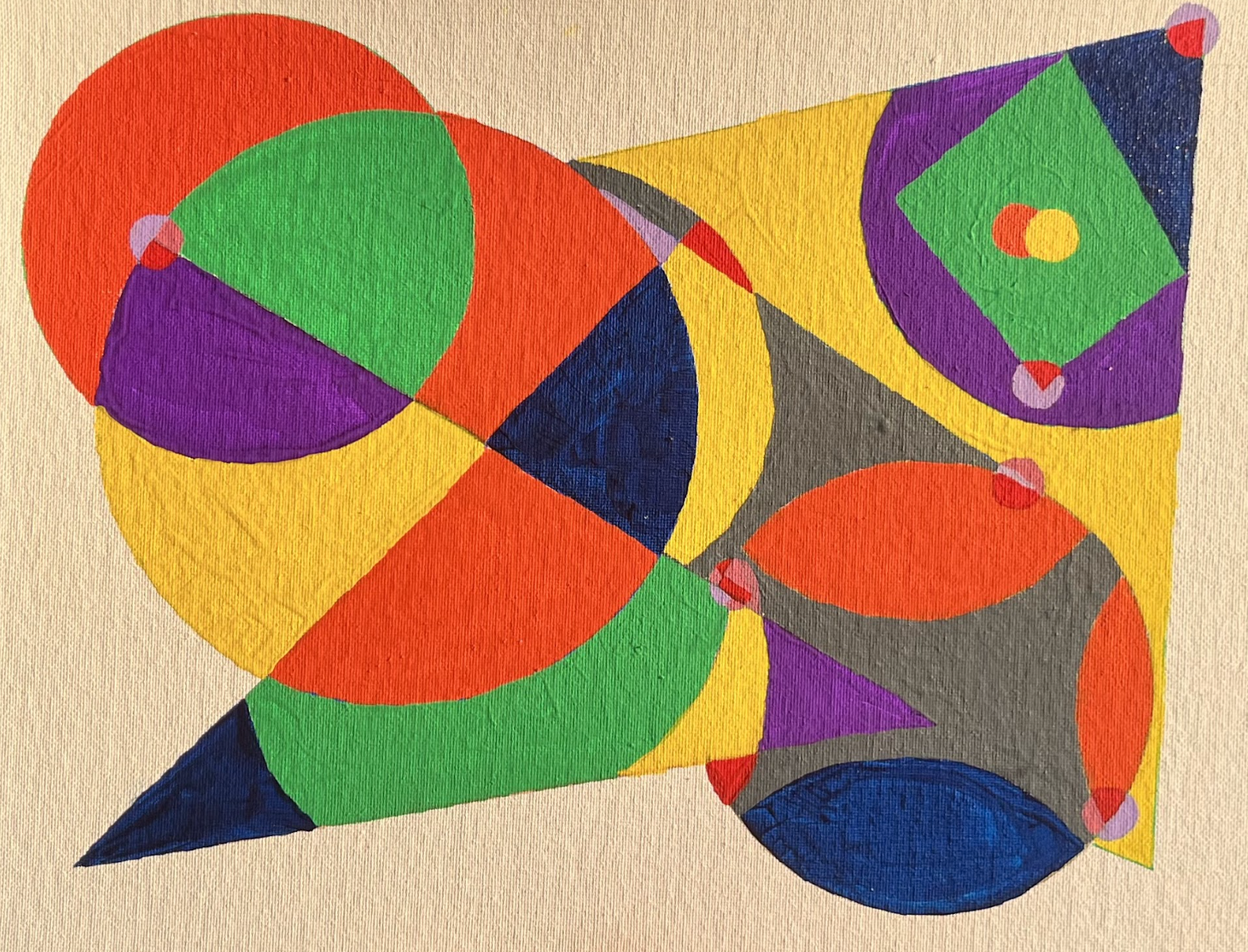 Colorful abstract geometric artwork with overlapping circles, squares, triangles, and various polygons in red, green, purple, yellow, blue, and gray on a textured background.