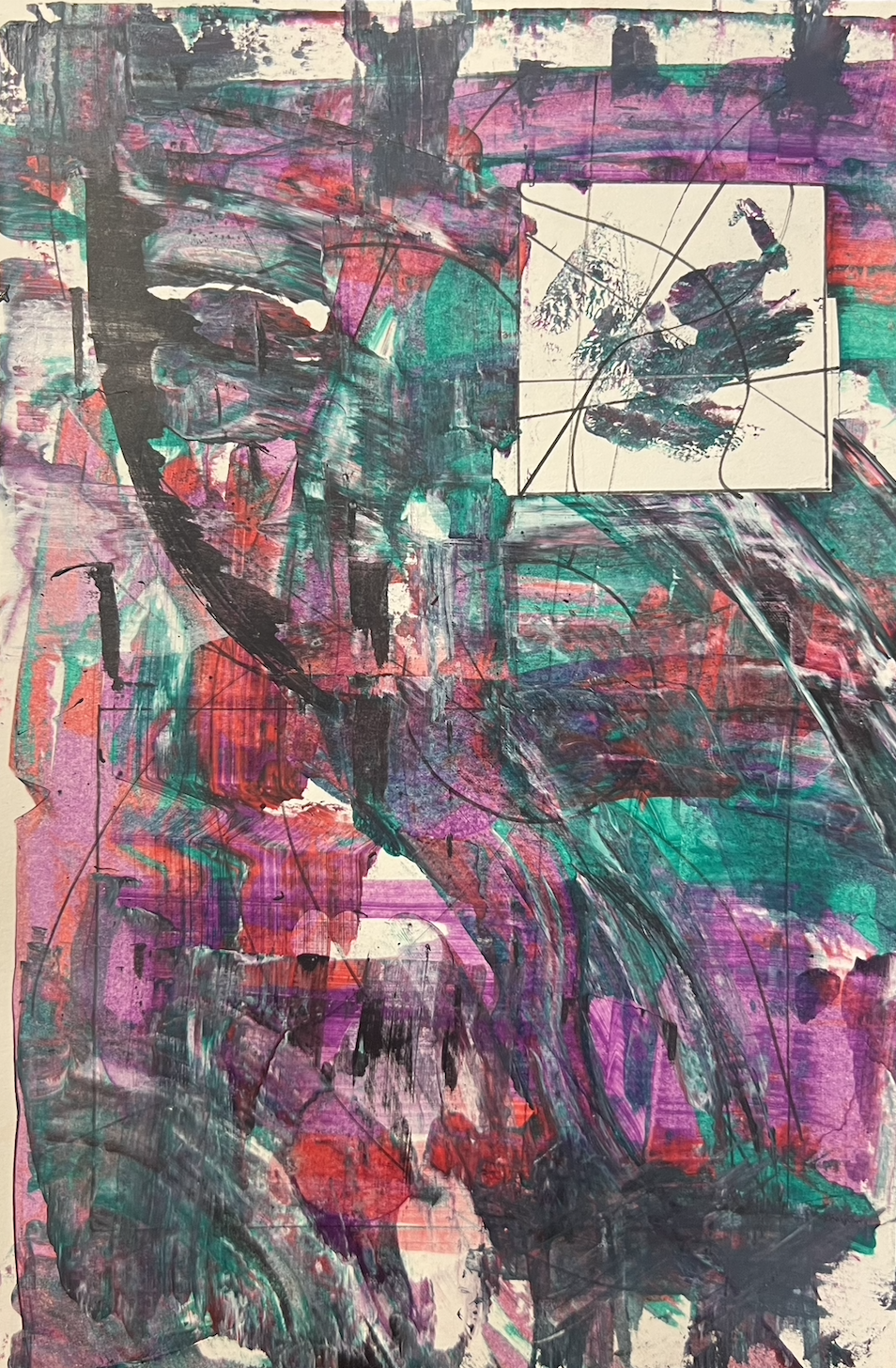 Abstract mixed media artwork with bold brushstrokes in pink, purple, black, and teal, featuring lines and sketches.