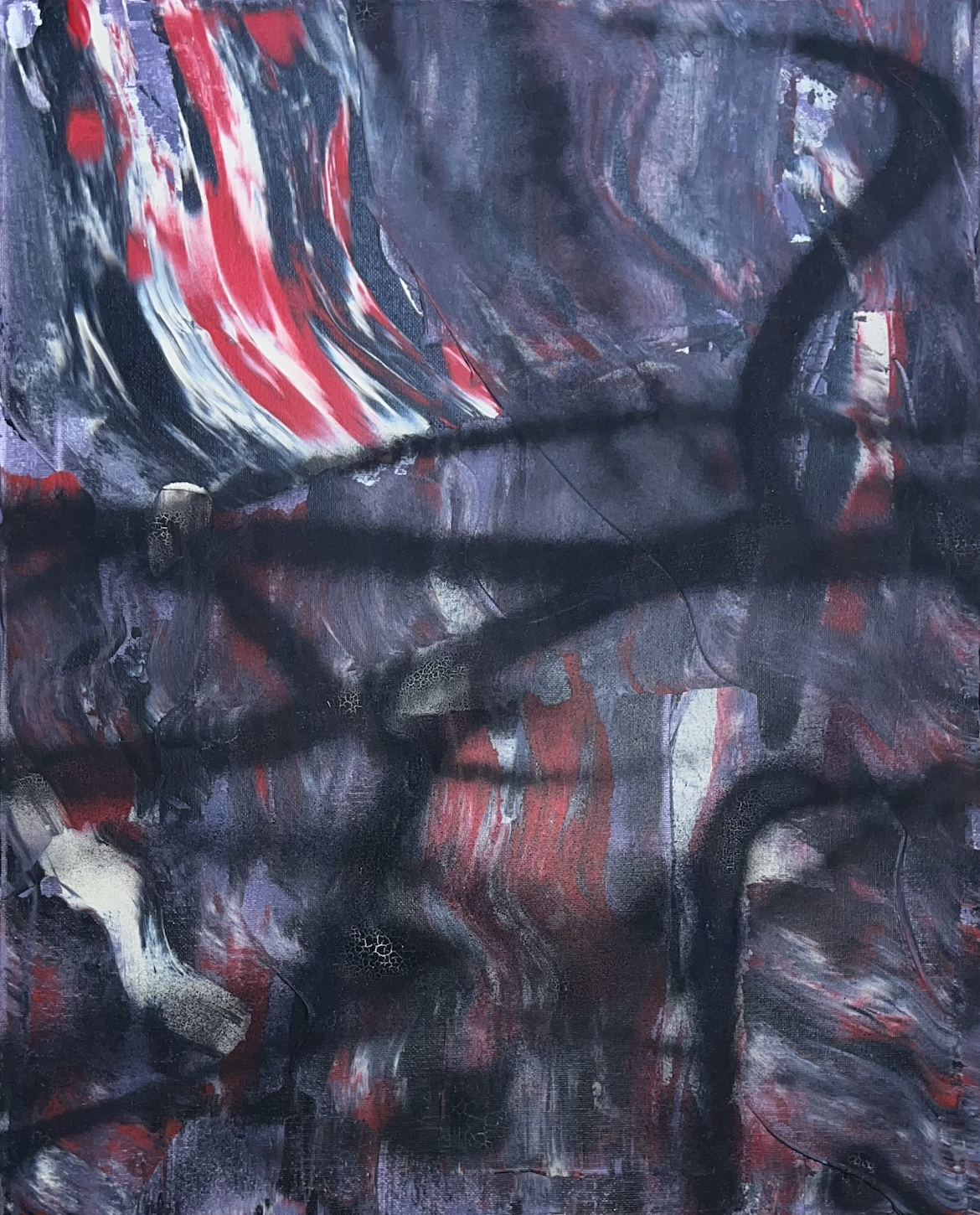 Abstract painting with swirling black, red, white, and purple colors.