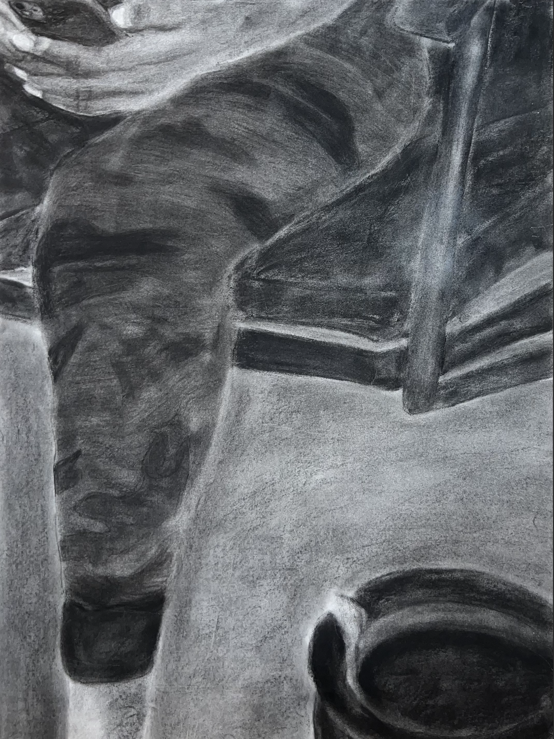 Black and white drawing of someones leg.