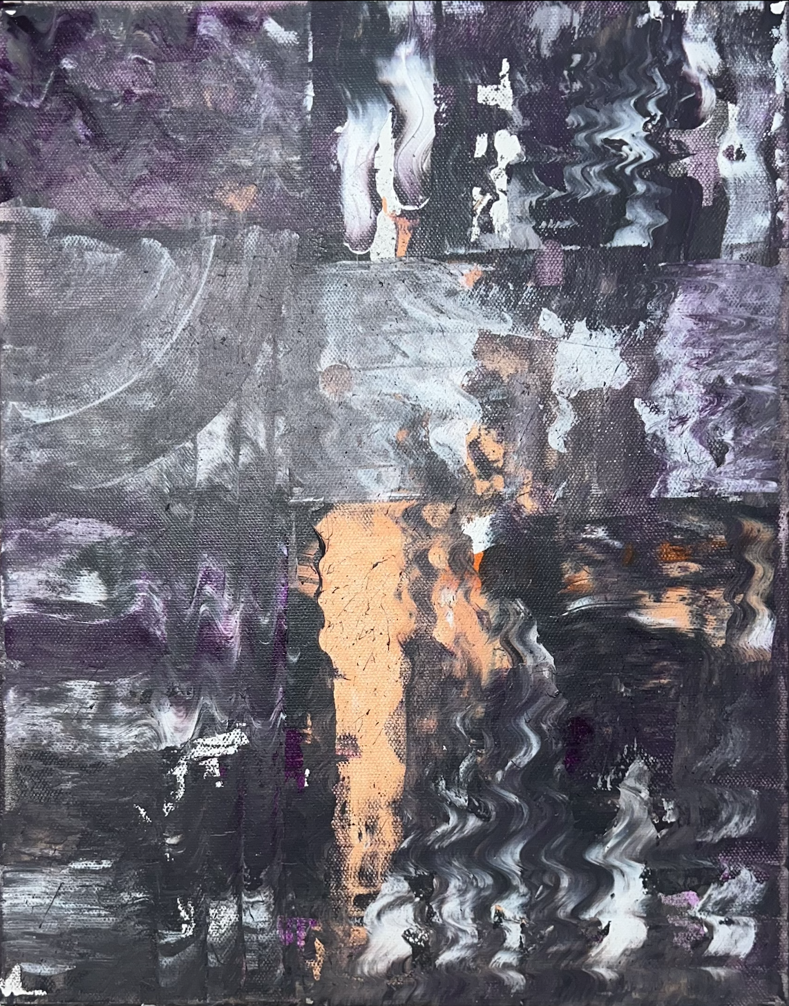 Abstract painting with swirling patterns in black, purple, white, and hints of orange and peach.