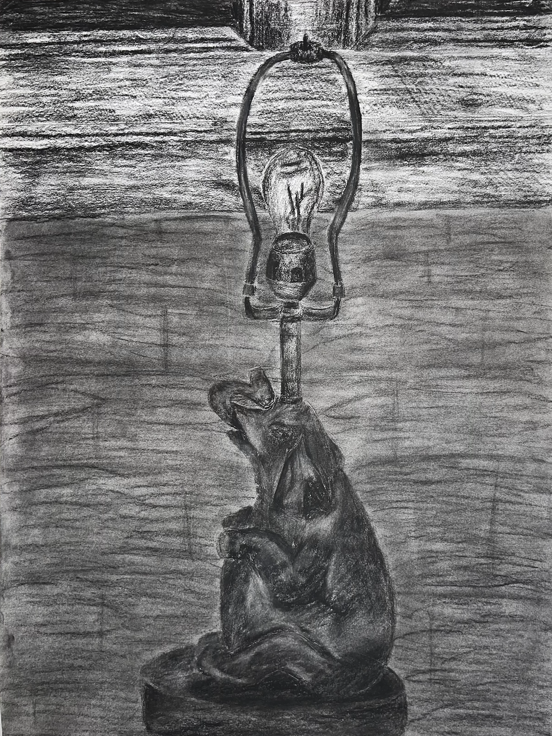 A black and white drawing of an elephant lamp sitting on a wooden floor.