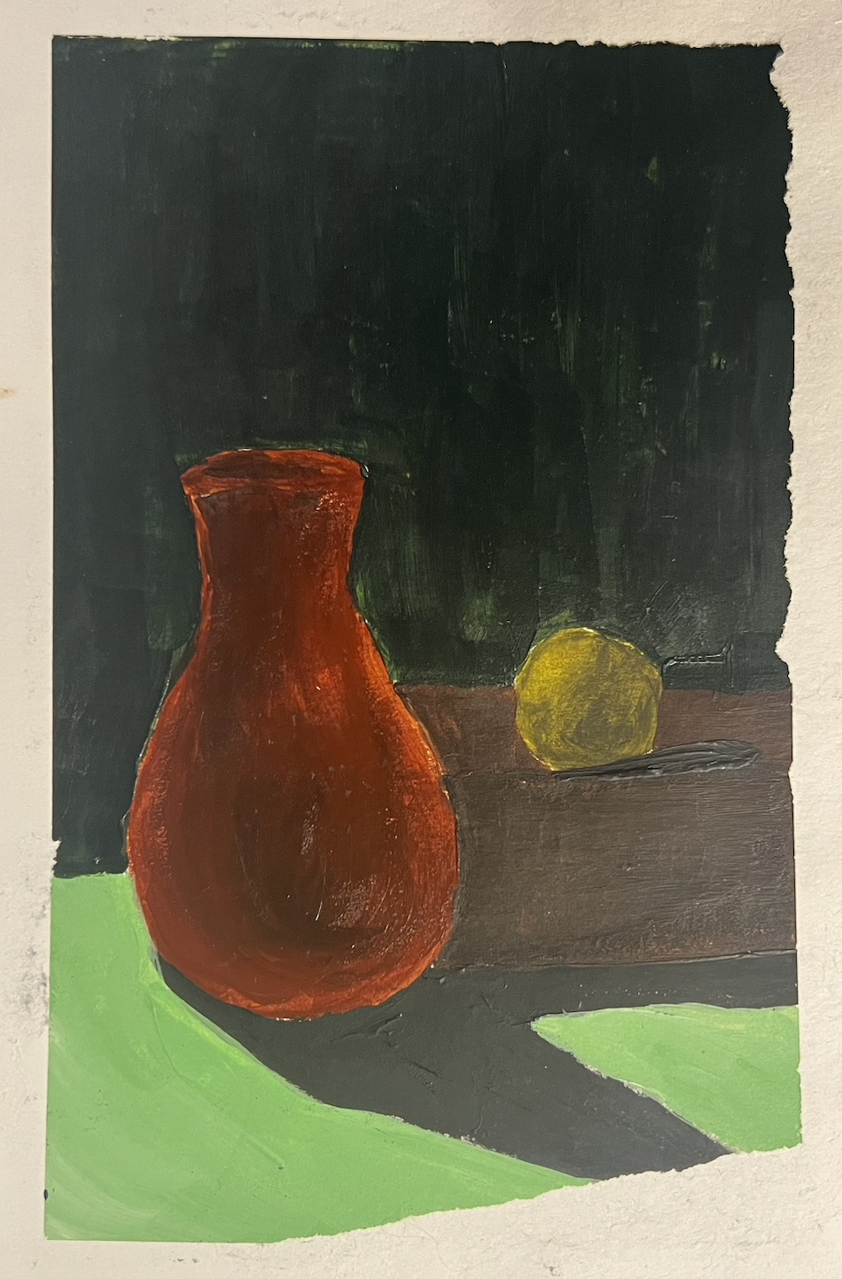 A painting of a red vase and a yellow fruit on a table with a dark background and a green and white surface.