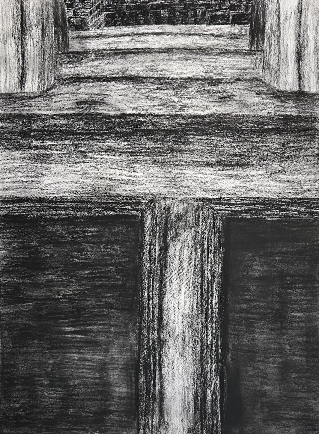 A black and white pencil drawing of a window with wooden frames and surrounding walls.