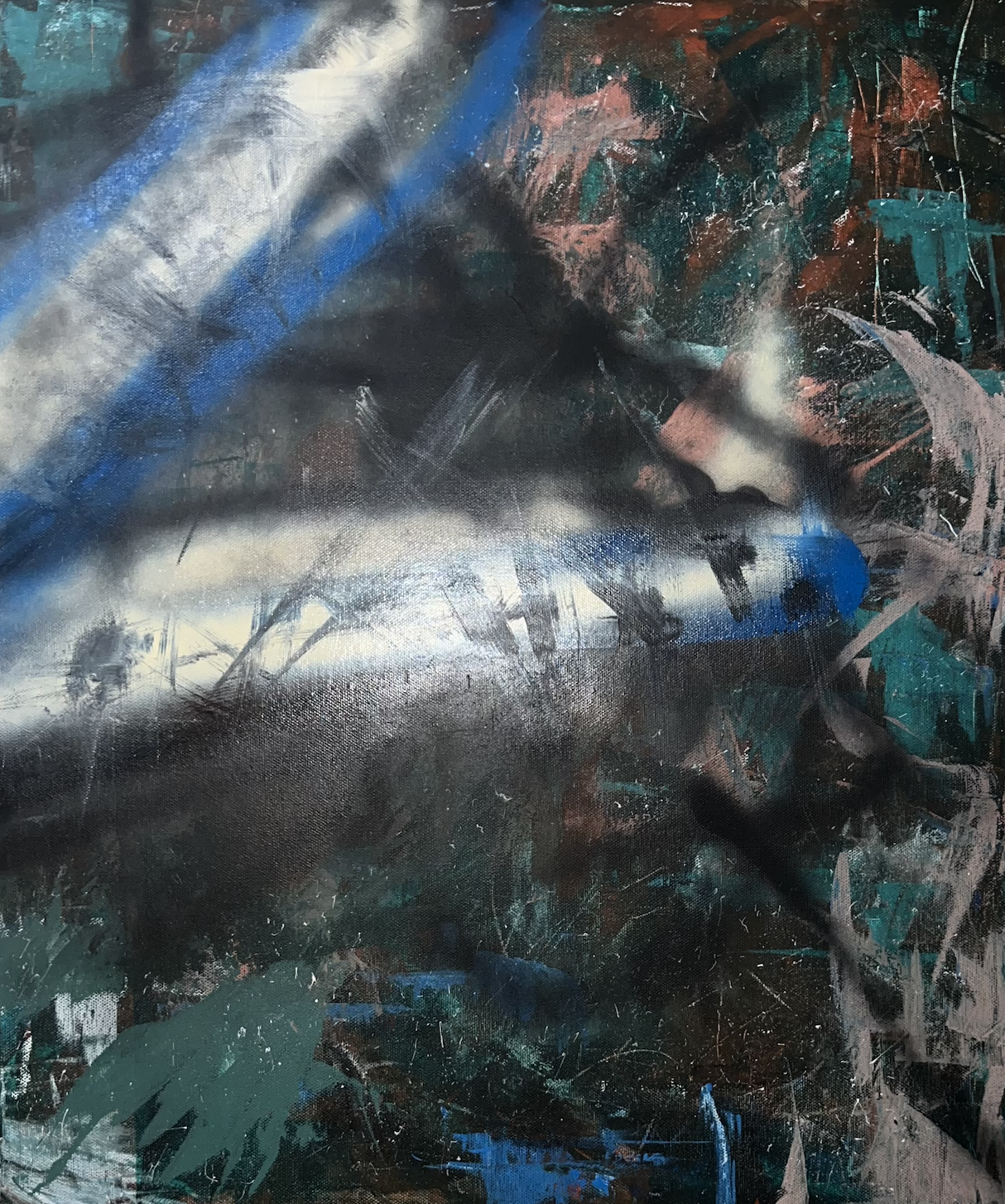 Abstract painting with dark colors, including black, blue, green, and hints of red, featuring dynamic brushstrokes and layered textures.