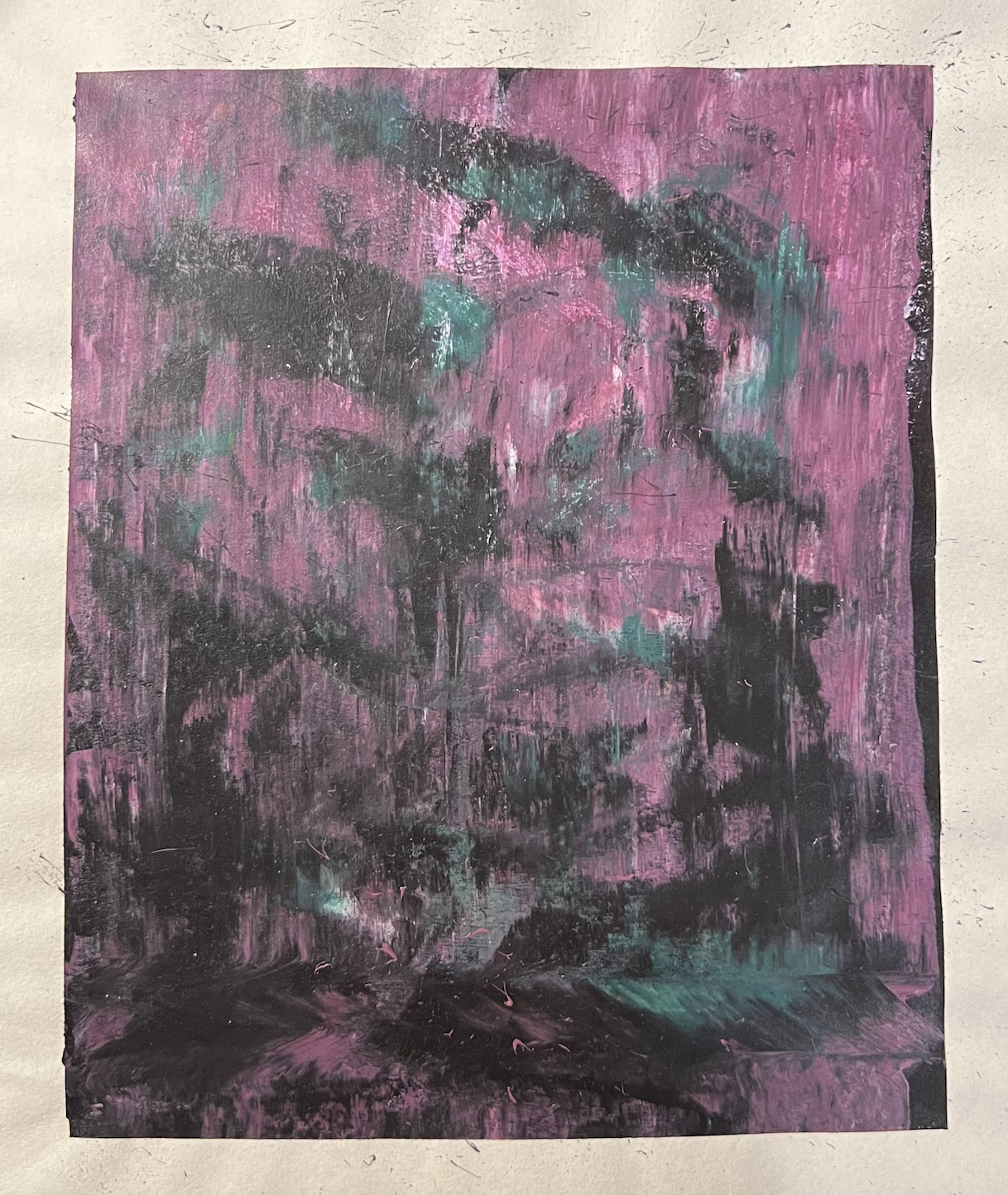 Abstract painting with pink, black, and teal brushstrokes on textured paper.