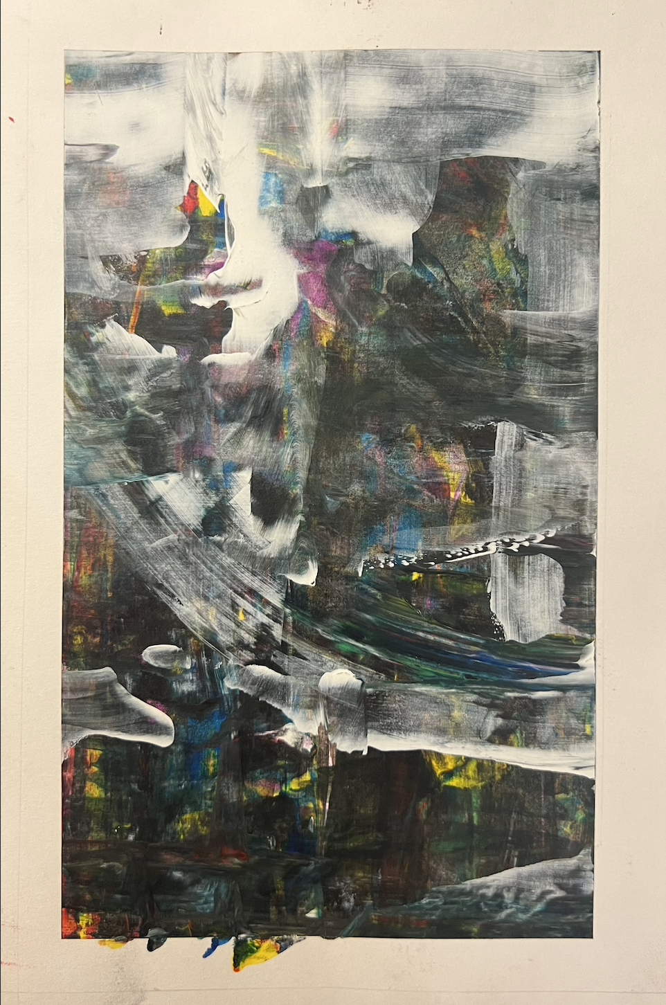 Abstract painting with bold brushstrokes and a dark color palette, featuring hints of bright colors like yellow, pink, blue, and green.