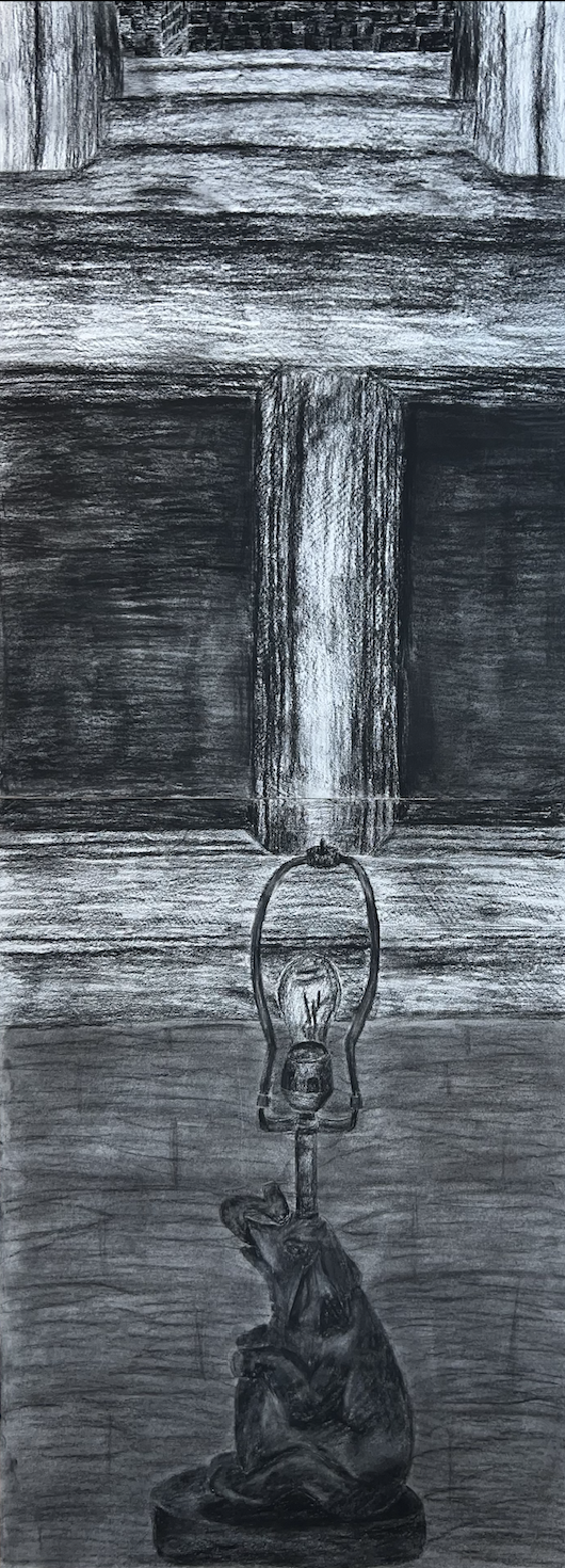 Pencil drawing of an elephant lamp on the ground.