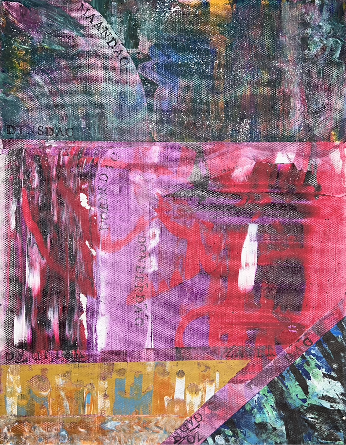 Mixed media abstract artwork featuring layered colors, textures, and text elements in shades of blue, pink, red, yellow, and black.