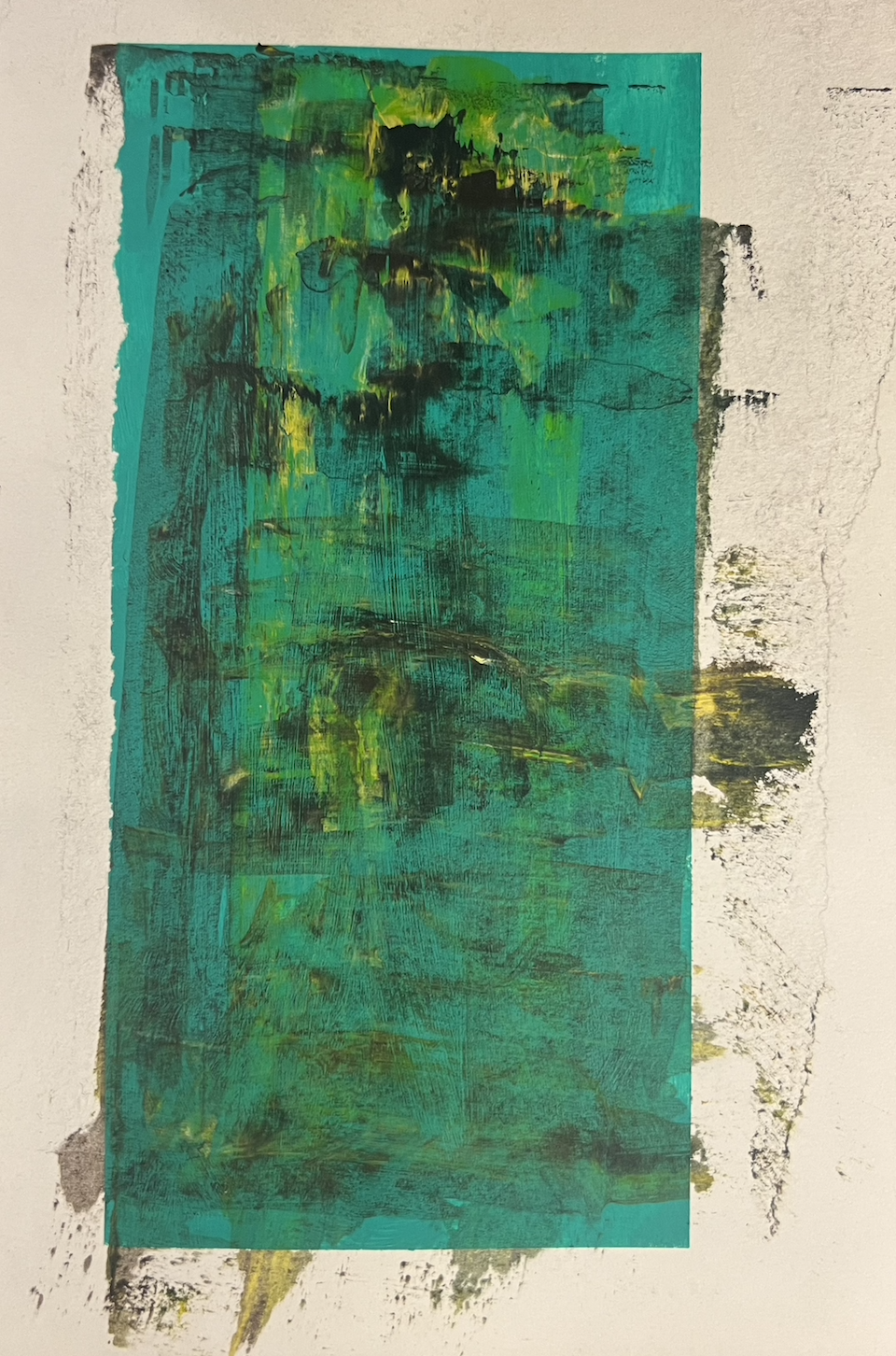 Abstract painting with green, yellow, and black brushstrokes on a textured white wall.