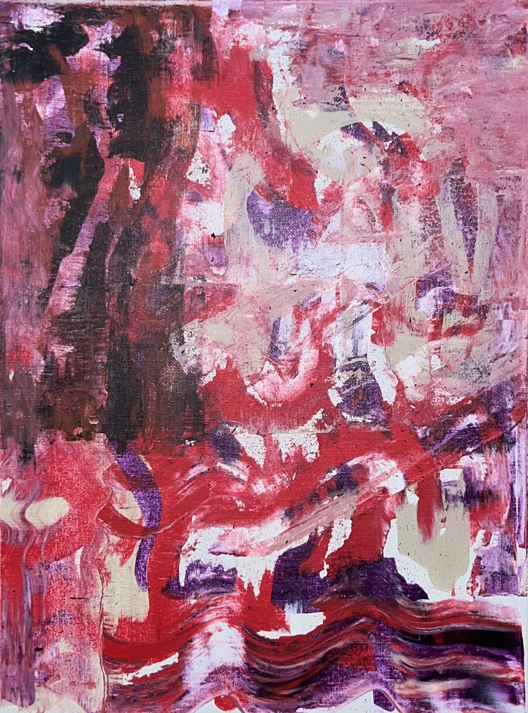 Abstract painting with various shades of red, pink, purple, black, white, and beige, featuring bold brushstrokes and layered textures.