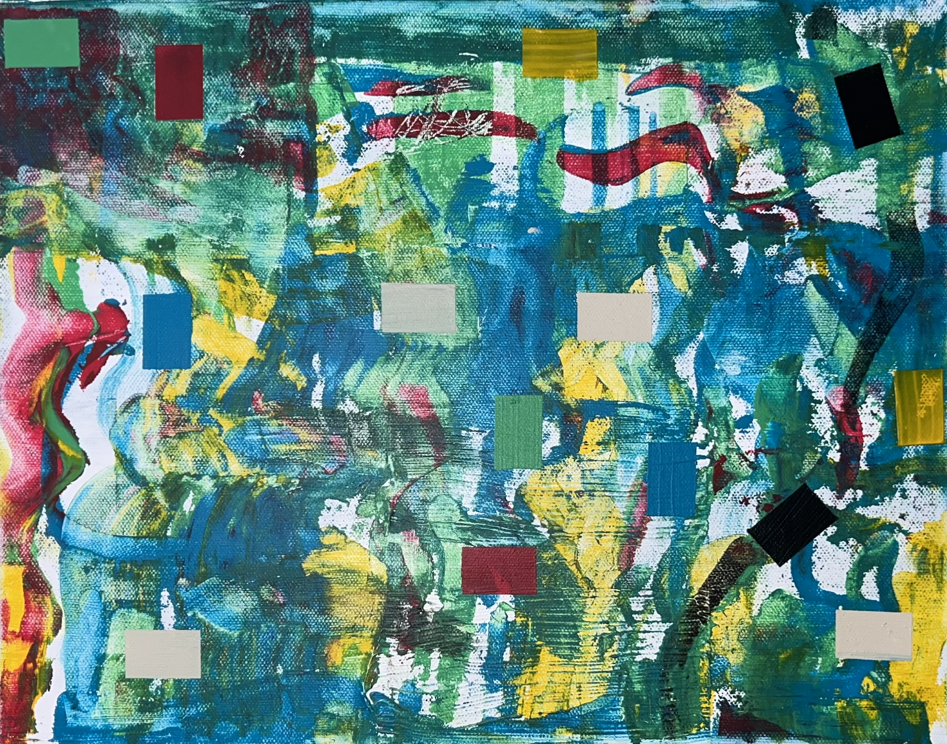 Abstract painting with vibrant splashes of blue, green, yellow, red, black, and white, featuring scattered rectangular colored patches over the composition.