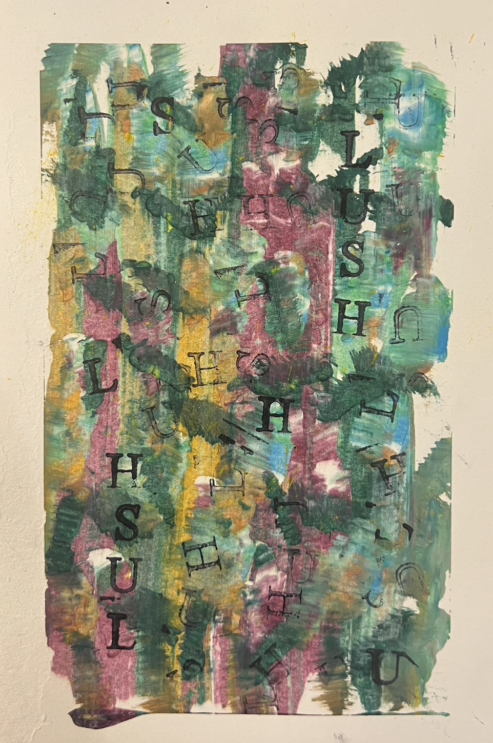 Abstract colorful painting with scattered black alphabet letters overlay.